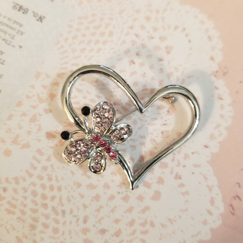 Heart & Pink Crystal Butterfly Brooch